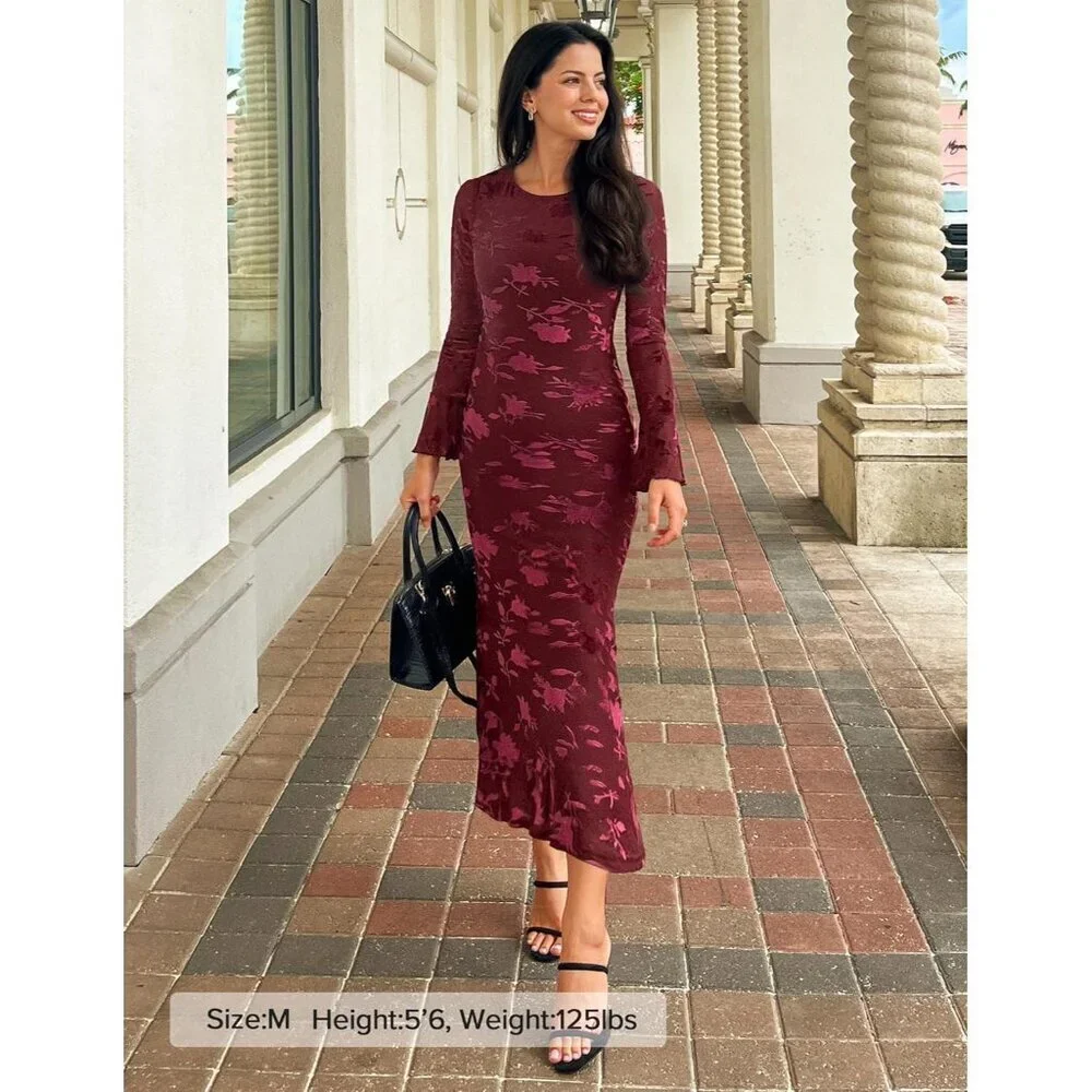 Women's Wine Long Sleeve Spring Fashion Bodycon Mesh Floral Maxi Dress
